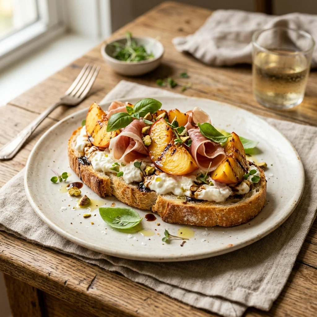 Peach Burrata Toast With Prosciutto