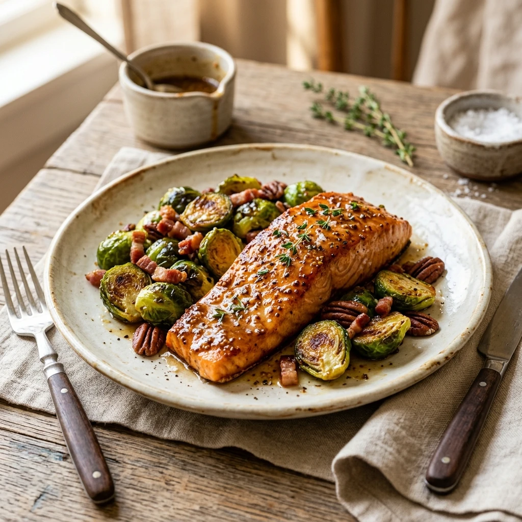 Maple Mustard Glazed Salmon And Brussels Recipe